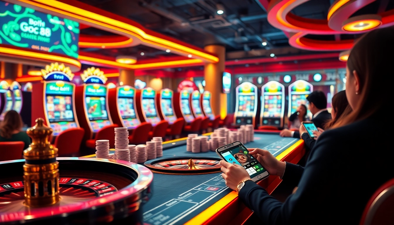 Experience the thrill of Go8 chính thức as players engage in online casino games surrounded by vibrant roulette tables and colorful slot machines.