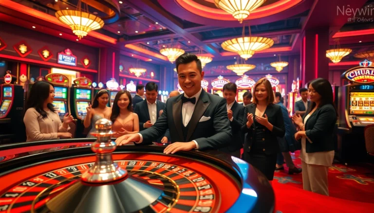 Exciting scene of players enjoying gambling at Nhà Cái Okwin with roulette and slot machines.