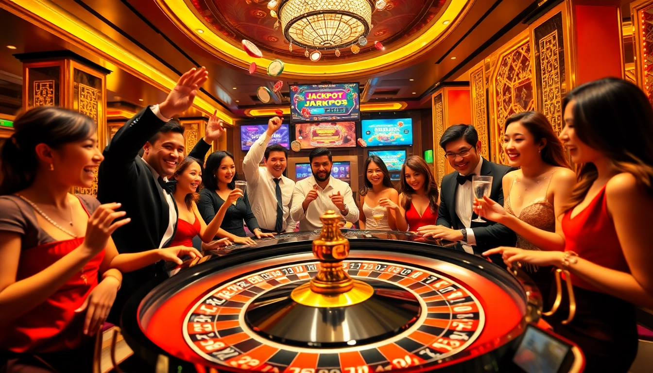 Experience excitement at new88 com with players winning at a roulette table in a luxurious casino setting.