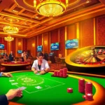 Experience the excitement at new88 com's vibrant poker table, where players try their luck amidst a luxurious casino backdrop.