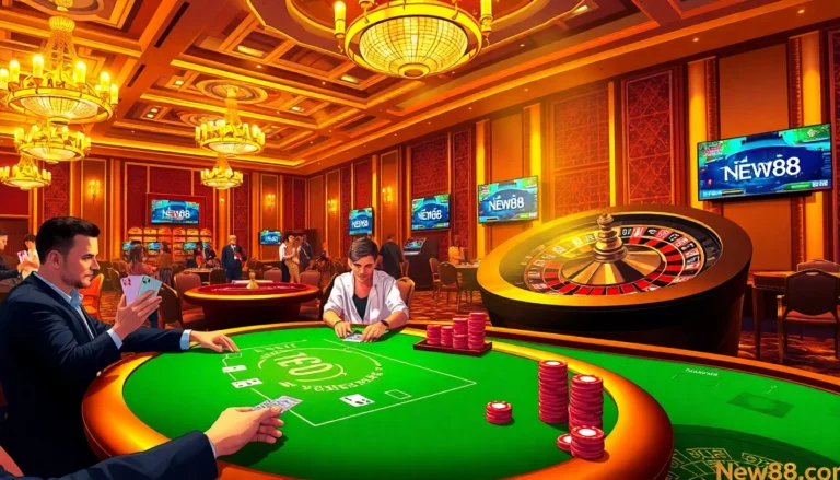 Experience the excitement at new88 com's vibrant poker table, where players try their luck amidst a luxurious casino backdrop.