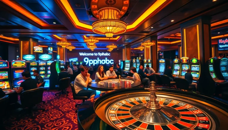 Experience the thrill of 9phabc at a bustling casino with vibrant roulette tables, slot machines, and excited players.