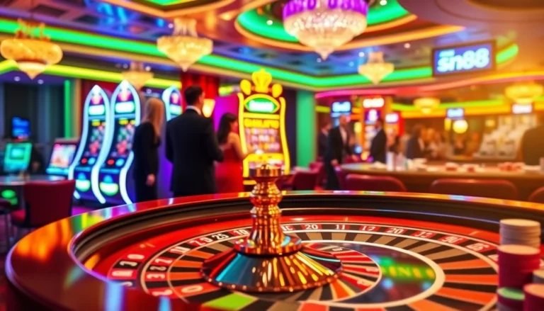 sn88 casino scene featuring roulette, players, vibrant atmosphere, and dynamic gambling action.