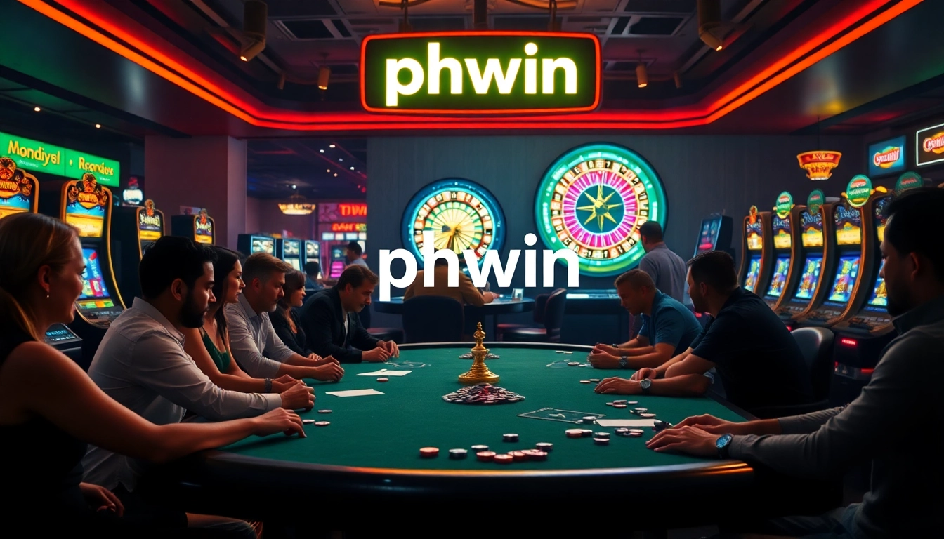Experience the thrill of phwin gaming with lively poker players at a vibrant casino table surrounded by colorful slot machines.