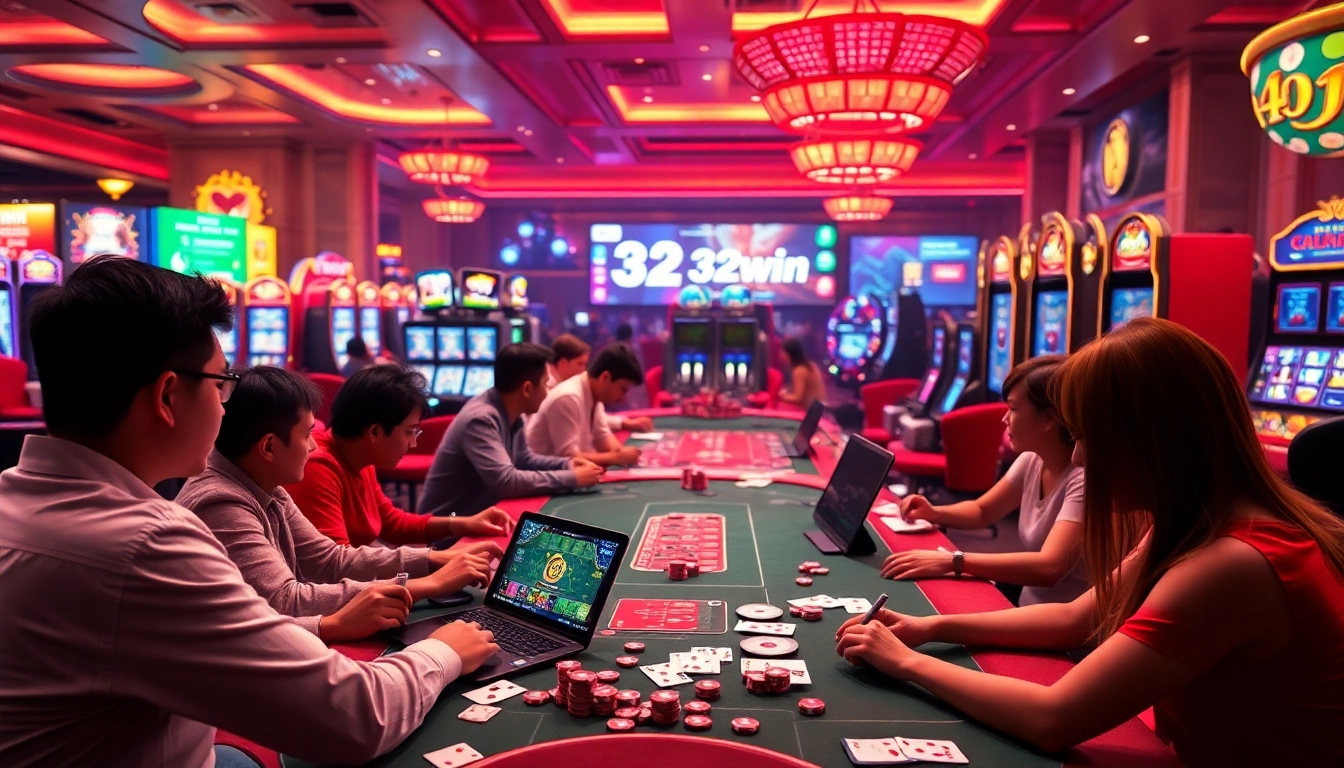 Players engaging in thrilling games on Nhà Cái 32win's online casino interface, showcasing vibrant betting excitement.