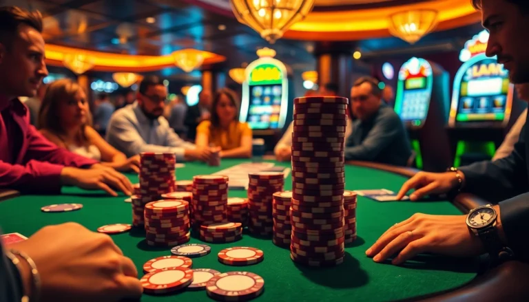 Experience the excitement of l444 at a high-stakes poker game, where vibrant chips and cards steal the spotlight in a top-notch casino.