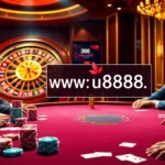 Experience high-stakes gambling at https://u888.ae/ with poker players at an intense table surrounded by vibrant casino elements.