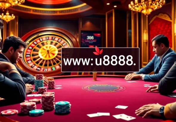 Experience high-stakes gambling at https://u888.ae/ with poker players at an intense table surrounded by vibrant casino elements.