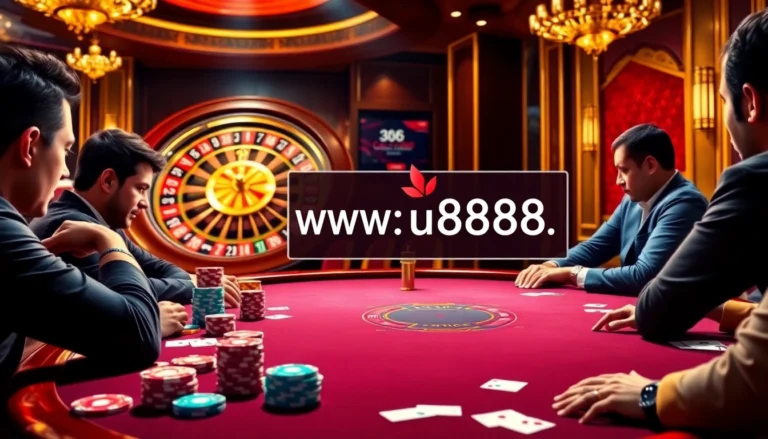 Experience high-stakes gambling at https://u888.ae/ with poker players at an intense table surrounded by vibrant casino elements.