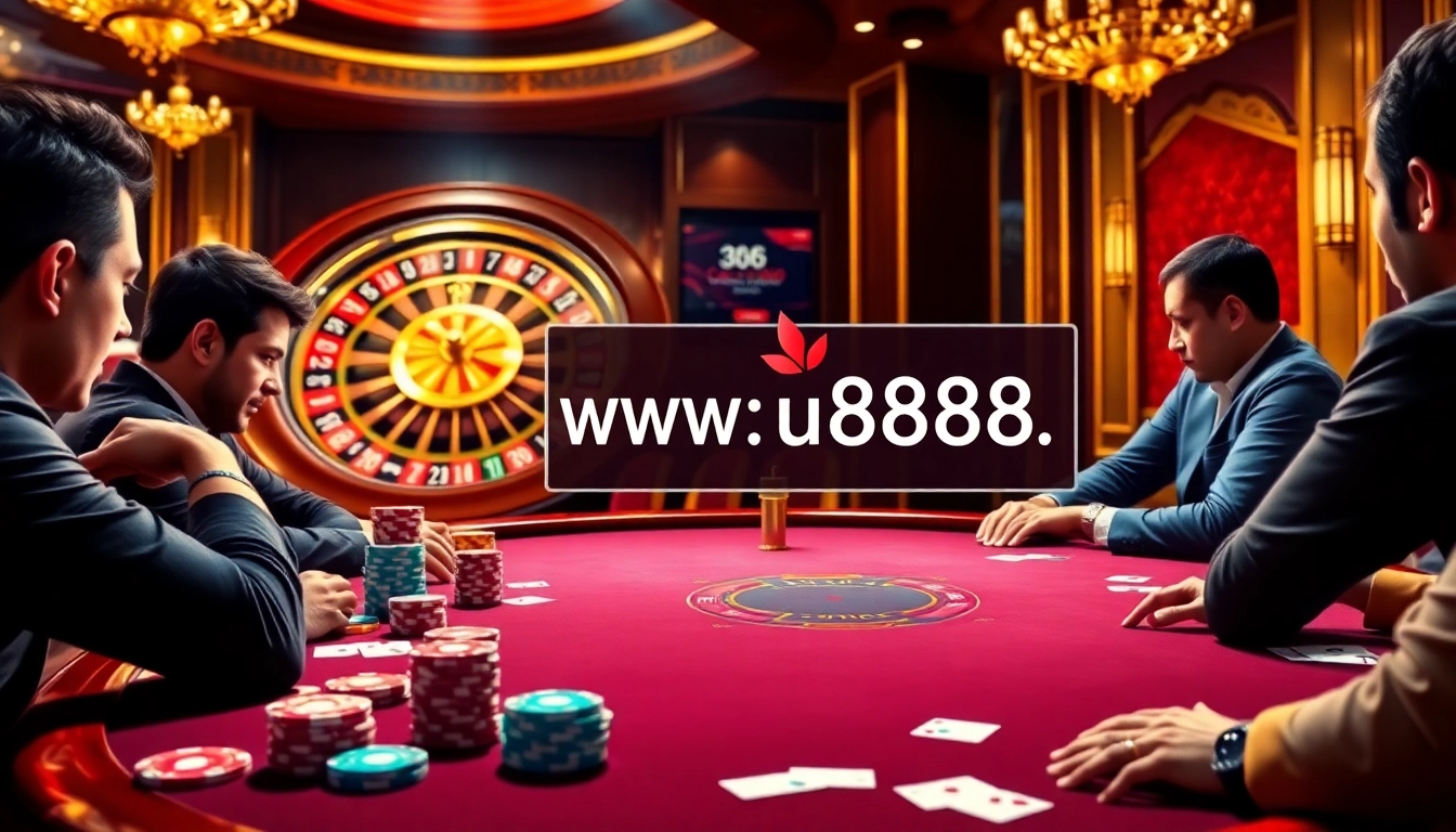 Experience high-stakes gambling at https://u888.ae/ with poker players at an intense table surrounded by vibrant casino elements.