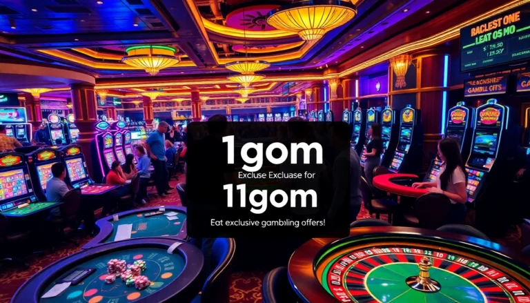 Players experiencing the thrill of gambling at a busy casino with 1gom promotions visible, showcasing poker and roulette tables.