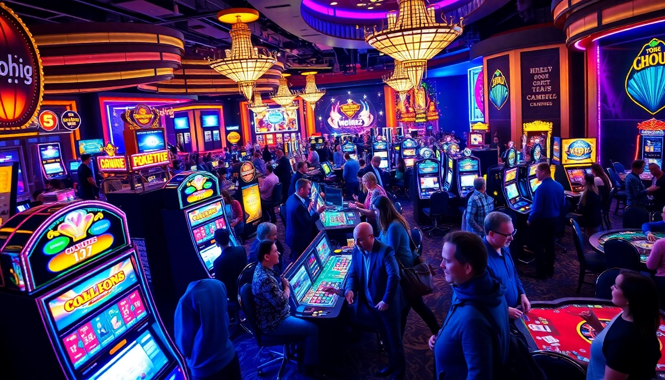 Nohu52 captures the excitement of players engaging with slot machines and poker tables in a luxurious casino setting.