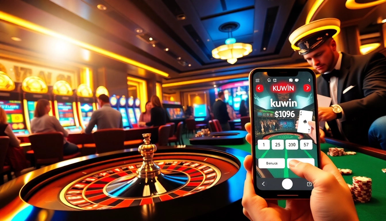Kuwin-themed casino action showcasing players at a roulette table and poker game, embodying high-stakes excitement.