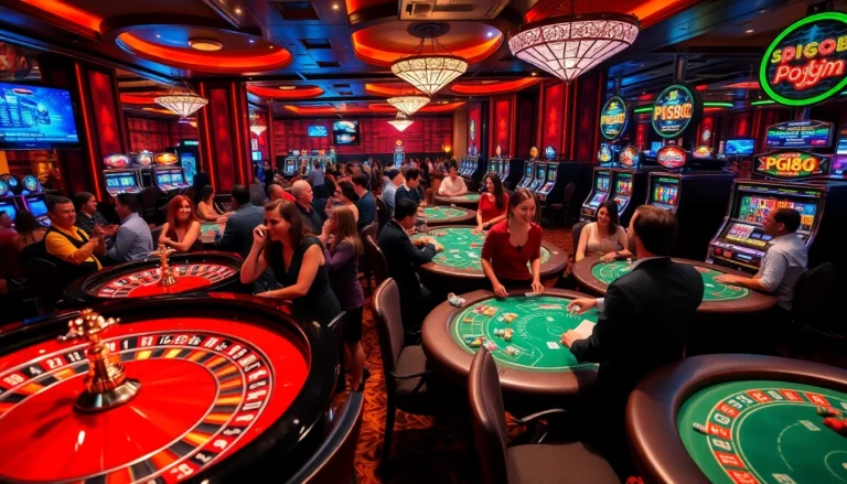 Experience thrilling games at pg88 casino tables featuring poker chips and roulette wheels in a vibrant atmosphere.