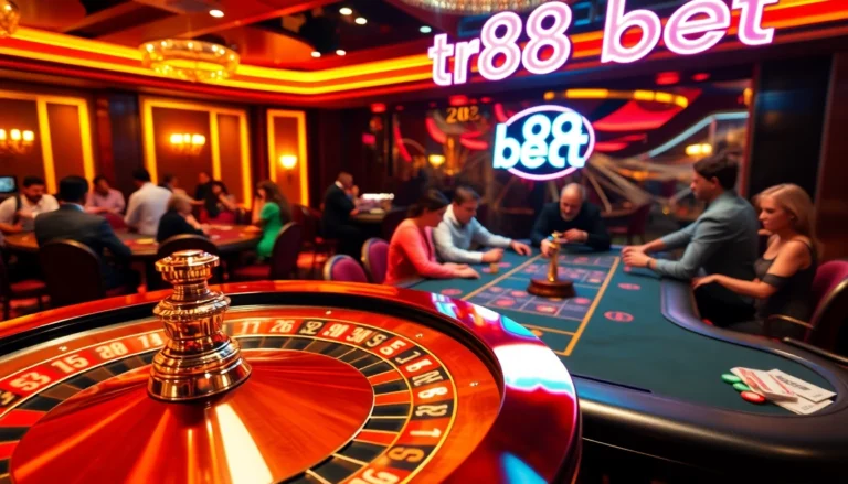 Experience the thrill of 'tr88 bet' at a lively casino with players at a poker table and a spinning roulette wheel.