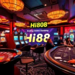 "Experience the excitement of Hi88 with players celebrating their wins at a vibrant casino table surrounded by roulette wheels and slot machines."