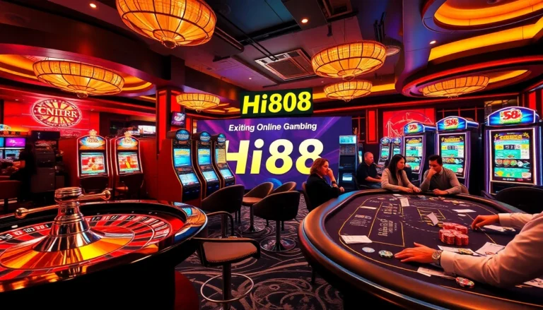 "Experience the excitement of Hi88 with players celebrating their wins at a vibrant casino table surrounded by roulette wheels and slot machines."