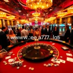 Players enjoying live casino games at https://ea77.lat/, surrounded by vibrant roulette tables and slot machines.