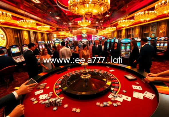 Players enjoying live casino games at https://ea77.lat/, surrounded by vibrant roulette tables and slot machines.