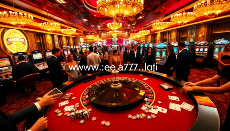 Players enjoying live casino games at https://ea77.lat/, surrounded by vibrant roulette tables and slot machines.